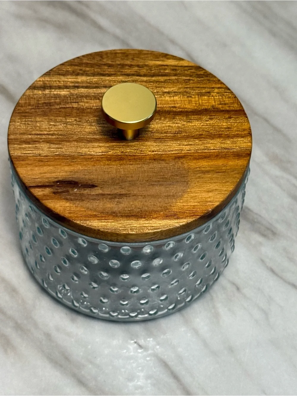 Round clear jar with wooden top gold finish handle